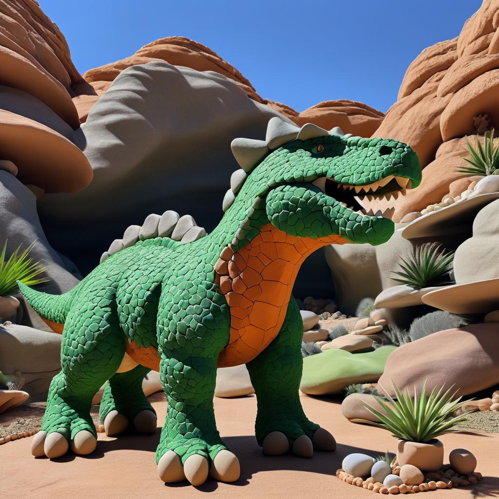 Clay and Rock Dinosaur in Prehistoric Scene