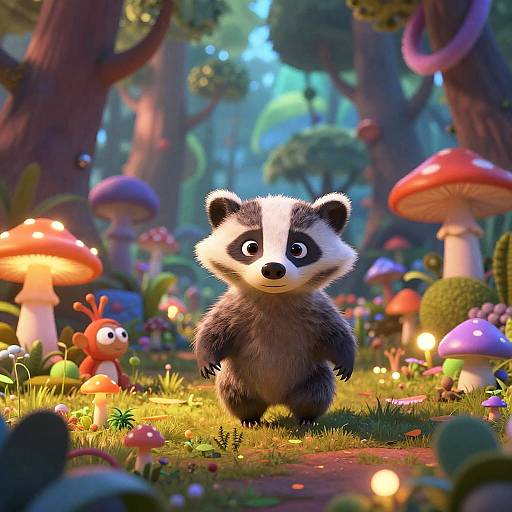 Whimsical CGI image of a cute, fluffy black-and-white baby badger standing in a vibrant, fairy-tale forest with colorful mushrooms, glowing
