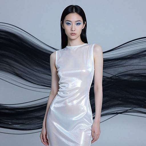 Photograph of a slender Asian woman with long black hair, wearing a shiny white sleeveless dress, standing against a plain white background with her hair flowing