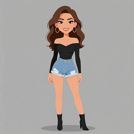 Digital cartoon of a smiling woman with long brown hair, wearing a black off-shoulder top, blue distressed shorts, and black ankle boots.