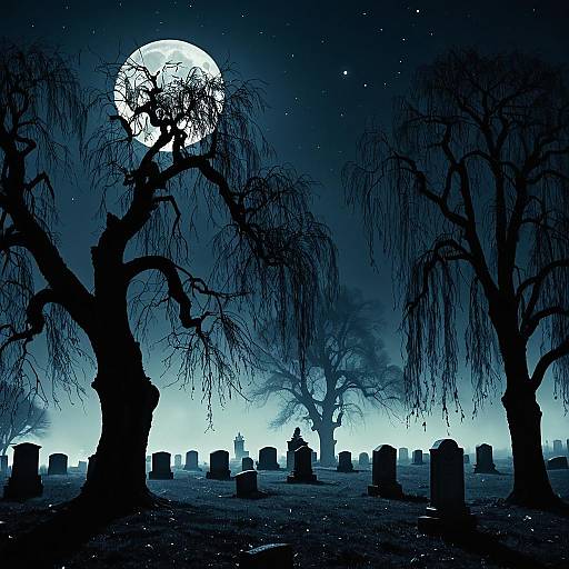 Foggy Cemetery at Midnight with Full Moon