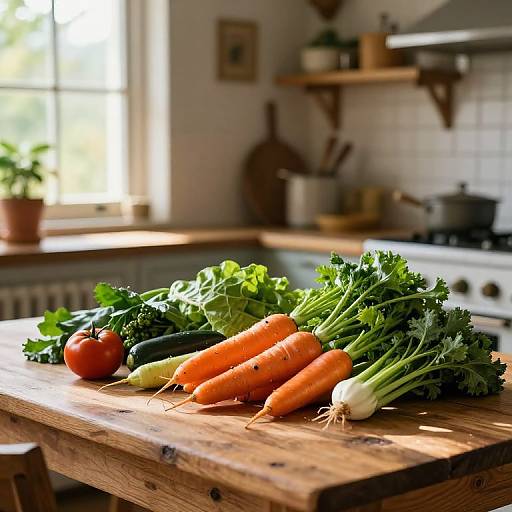 Photograph of fresh carrots, zucchini, parsley, and tomatoes on a rustic wooden kitchen island, with sunlight streaming through a window.