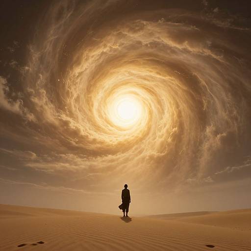 Silhouetted figure with a sack stands before a massive, swirling, sun-like cloud in a barren desert landscape. Photorealistic CGI.