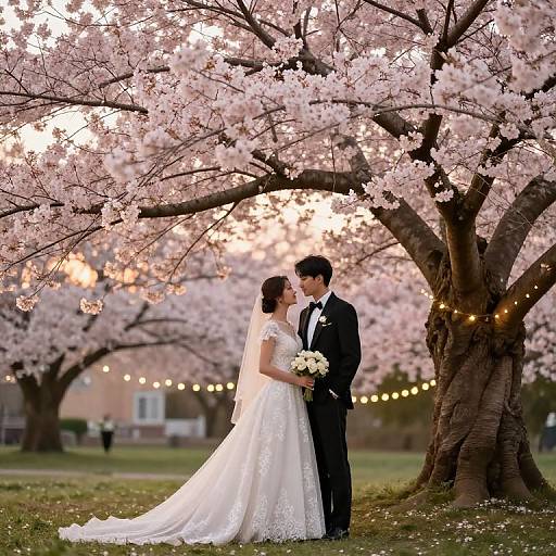 Photograph of a bride in a white lace gown and groom in a black tuxedo, kissing under cherry blossom trees with string lights.