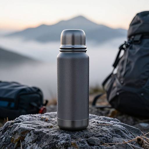Photograph of a silver, textured, insulated water bottle with a screw-top lid, standing on a frosty rock amidst blurred mountains and backpacks in
