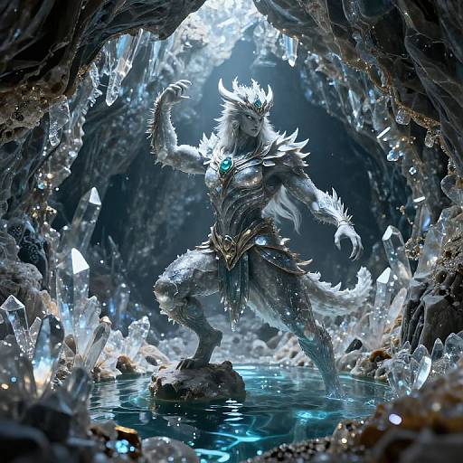 Digital fantasy artwork of a white, horned, armored dragon standing in a crystal-filled cave, glowing blue crystal in chest, water pool below.
