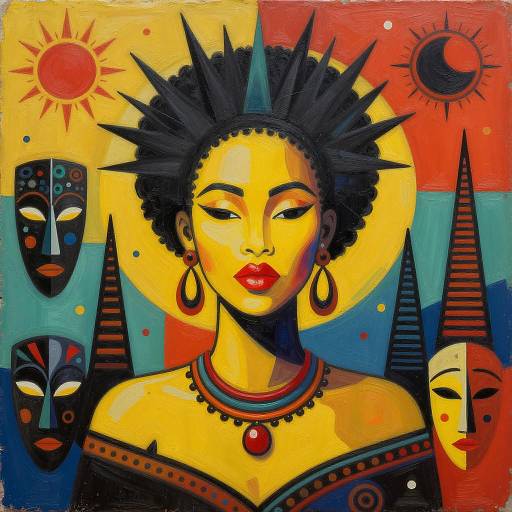 Abstract African Woman with Tribal and Celestial Motifs