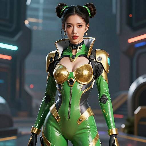 Futuristic Woman in Green and Gold Bodysuit