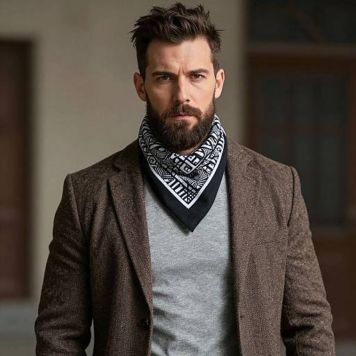 Photograph of a rugged, bearded man with dark hair, wearing a gray sweater, brown blazer, and black-and-white patterned scarf,