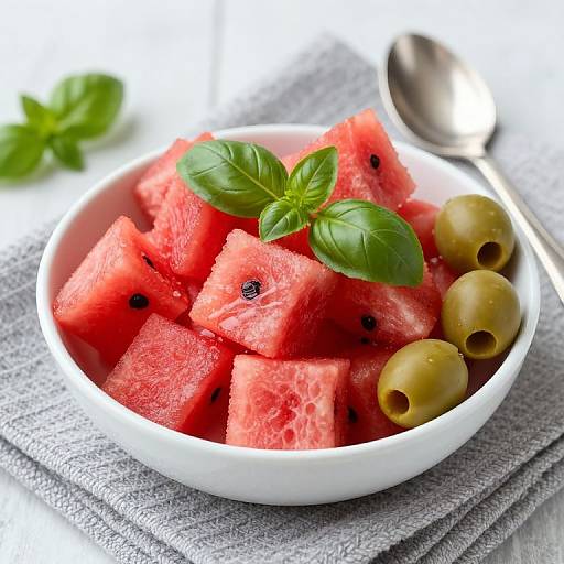 Photograph of a white bowl filled with juicy red watermelon cubes, green olives, and fresh basil, on a gray cloth with a silver spoon