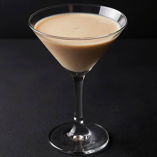Photograph of a clear, stemmed martini glass filled with a creamy, light brown liquid, set against a solid black background.