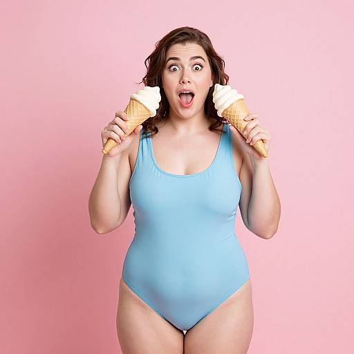Photograph of a surprised, curvy woman with fair skin and brown hair, wearing a light blue one-piece swimsuit, holding two ice cream cones