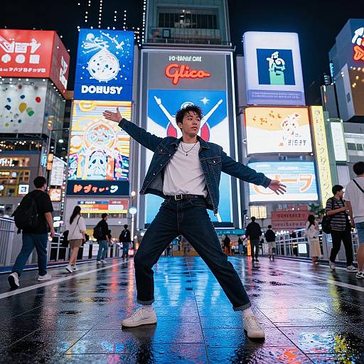 Photograph of a young man with tousled hair, white t-shirt, black jacket, and white sneakers, striking a dynamic pose on a wet,