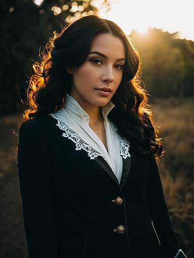 Photograph of a young woman with long, wavy black hair, wearing a black blazer with white lace trim over a white blouse, standing outdoors