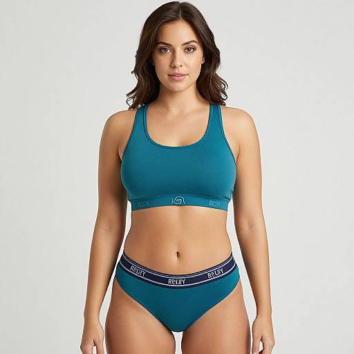 Photograph of a medium-build woman with medium brown skin and wavy dark brown hair, wearing teal Calvin Klein sports bra and panties, standing against a