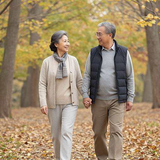 Photograph of an Asian elderly couple holding hands in a leaf-strewn autumn forest, wearing casual clothes, smiling, and looking at each other.