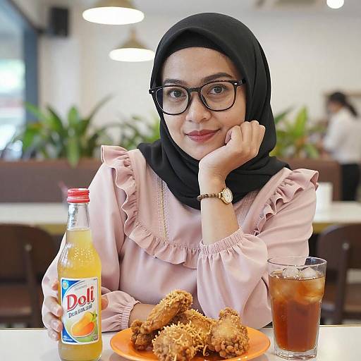 Asian Woman in Pink Blouse at Restaurant