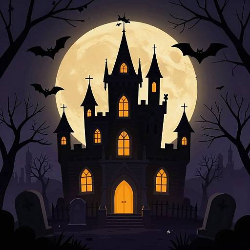 Digital illustration of a spooky, black Gothic castle with glowing orange windows, set against a large full moon, surrounded by bats, bare trees, and grav