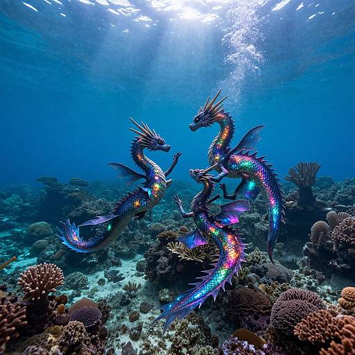 Photograph of two vibrant, iridescent dragon-like fish with neon scales, swimming above a colorful coral reef in a sunlit, blue underwater scene