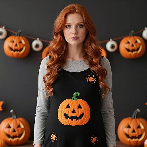 Pregnant Woman in Halloween Dress with Pumpkin Embroidery
