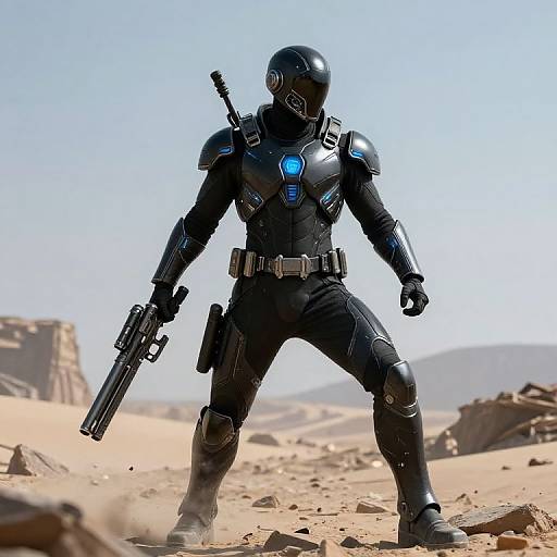 Photorealistic CGI of a futuristic black armored warrior with blue lights, holding a gun, standing in a desert with rocky terrain.