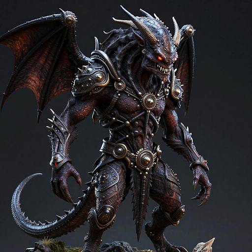 CGI digital artwork of a menacing, armored demon with black scales, glowing red eyes, large wings, and sharp horns, standing against a dark background