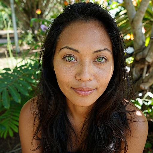 Photograph of a young woman with long black hair, green eyes, and light brown skin, smiling subtly against a blurred tropical background.