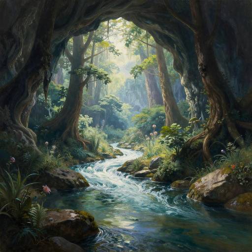Enchanted Fantasy River Emerging from Karst Cave