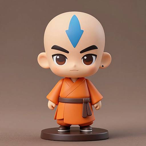 Photograph of a chibi-style, bald, blue forehead-marked figurine in an orange martial arts robe, brown belt, and black shoes,