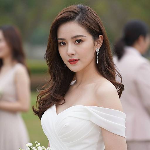 Photograph of an attractive Asian woman with long, wavy brown hair, wearing an off-shoulder white dress and red lipstick, standing outdoors with