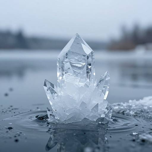Photograph of a clear, crystalline ice formation emerging from a calm, frozen water surface with ripples, set against a blurred winter landscape.