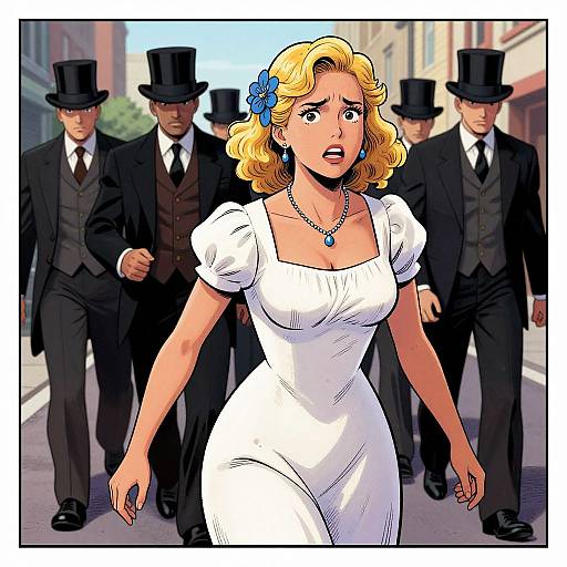 Comic-style illustration of a frightened blonde woman in a white dress, surrounded by four men in black top hats and suits.