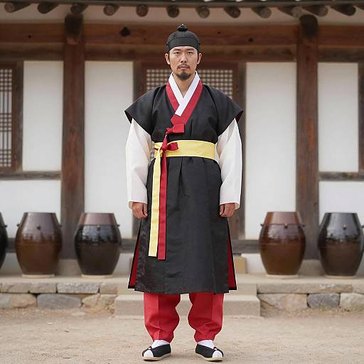Man in Traditional Korean Hanbok with Yellow Sash