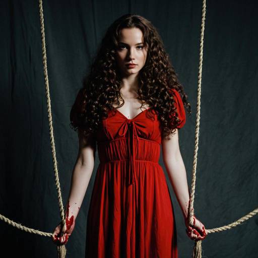 Woman in Red Dress Holding Ropes with Blood on Hands