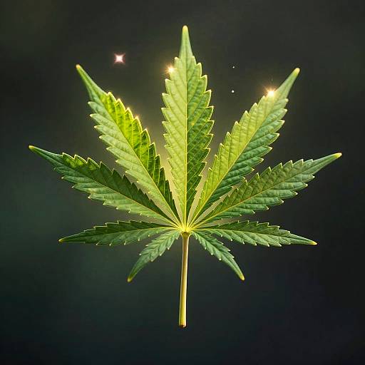 Photograph of a glowing, green cannabis leaf with bright, sparkling highlights against a dark, black background. Leaf veins and serrated edges are sharply detailed