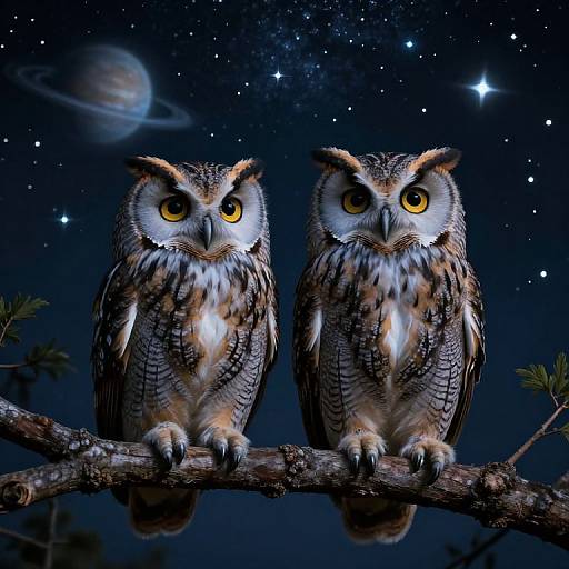 Cosmic Owls Under Starry Night