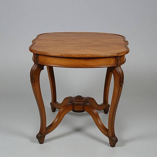 Photograph of a vintage, oval wooden side table with intricately carved legs and a central floral design, set against a plain, light gray background.