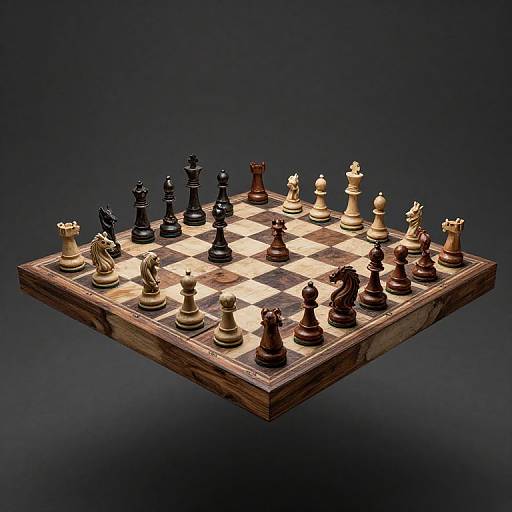 Photograph of a wooden chessboard with black and white chess pieces arranged in a classic starting position, set against a dark blue gradient background.