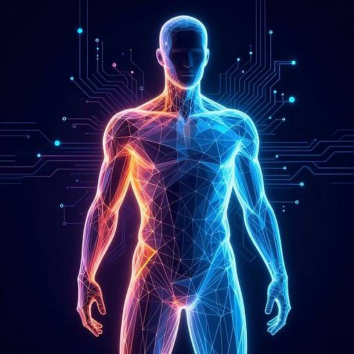 Digital CGI of a glowing, neon-wired human silhouette in vibrant orange and blue against a dark, circuitry background.