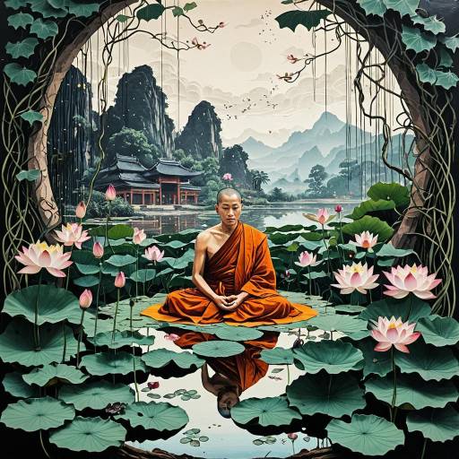 Serene Monk Meditating Amid Lotus Flowers