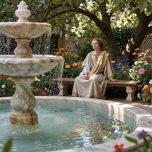 Photograph of a serene garden scene with a marble fountain in the foreground, water cascading down. A man in ancient Greek-style robes sits on a