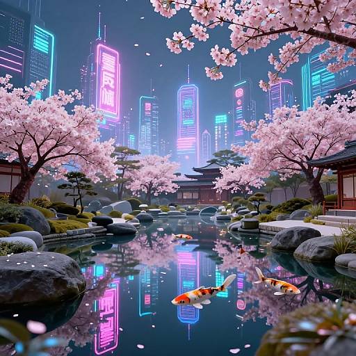 Digital artwork of a neon-lit, futuristic city at night with pink cherry blossoms, a serene pond, koi fish, and colorful skyscrap