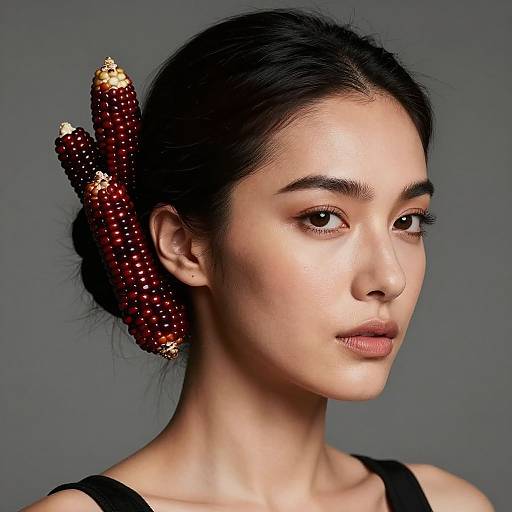 Photograph of an Asian woman with fair skin, black hair in a bun, wearing a red beaded hair accessory, and a black top, against