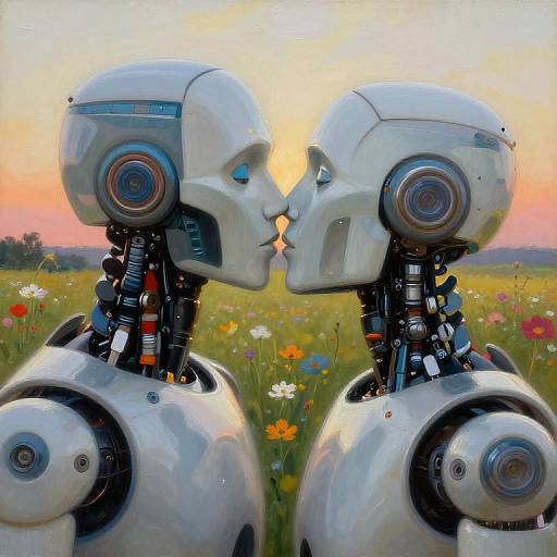 Digital painting of two white humanoid robots kissing in a colorful meadow at sunset, with detailed mechanical joints and floral background.
