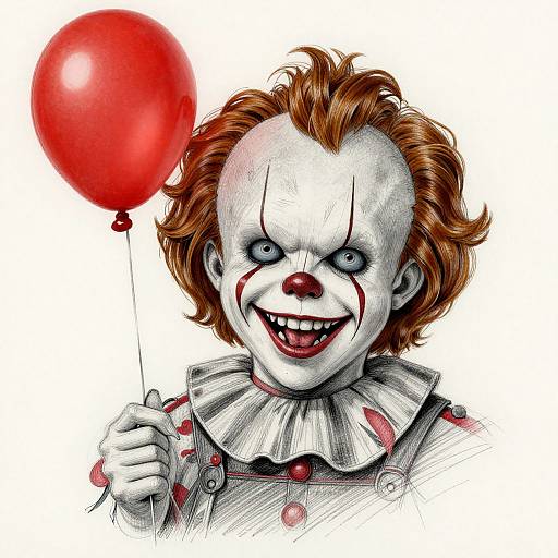 Digital drawing of a sinister clown with pale face, red lips, wild red hair, blue eyes, holding a red balloon, wearing a frilled collar