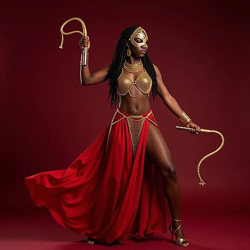 Photograph of a dark-skinned woman in a red flowing skirt, gold chain jewelry, and mask, holding gold whips, standing confidently against a