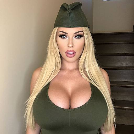 Photograph of a blonde woman with long hair, wearing a green military cap and low-cut green tank top, showcasing large breasts, against a beige and