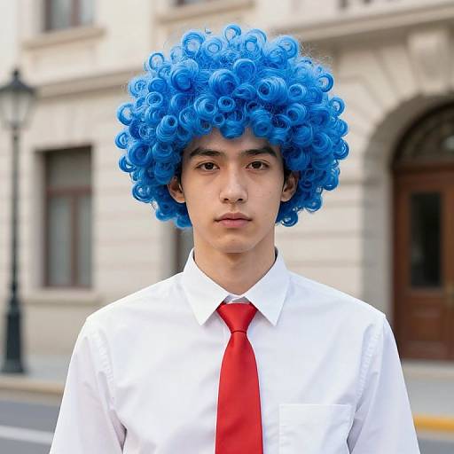 Photograph of a young Asian man with blue curly wig, white shirt, red tie, standing in front of a blurred urban building.