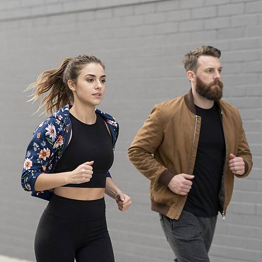 Young Couple Running by Gray Brick Wall