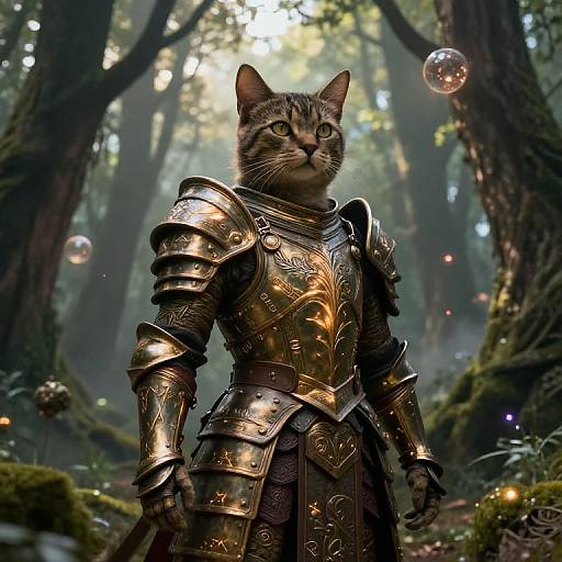 CGI fantasy image of a tabby cat in ornate, golden medieval armor standing in a misty forest with floating bubbles.